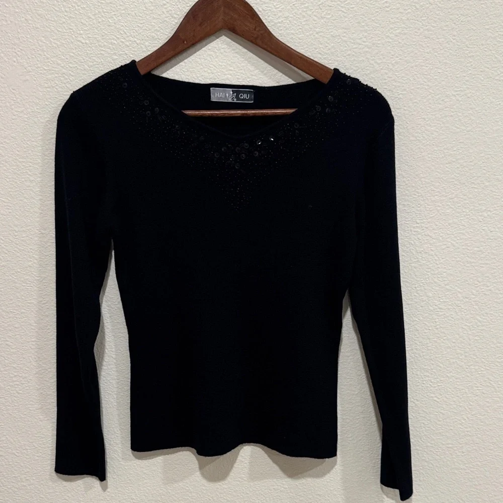 Elegant Black Long Sleeve Top with Sequin Detail